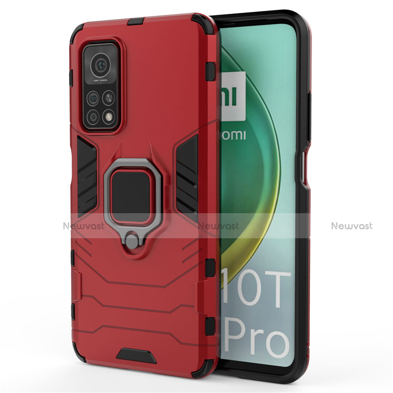 Silicone Matte Finish and Plastic Back Cover Case with Magnetic Finger Ring Stand for Xiaomi Mi 10T 5G Red