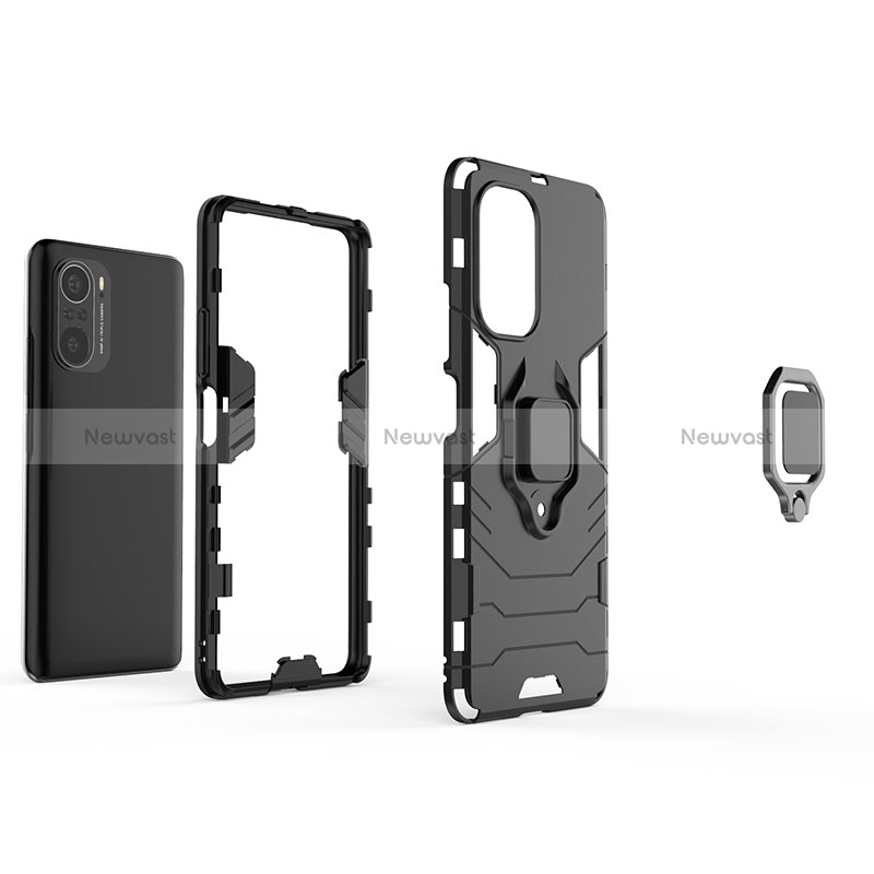 Silicone Matte Finish and Plastic Back Cover Case with Magnetic Finger Ring Stand for Xiaomi Mi 11X Pro 5G
