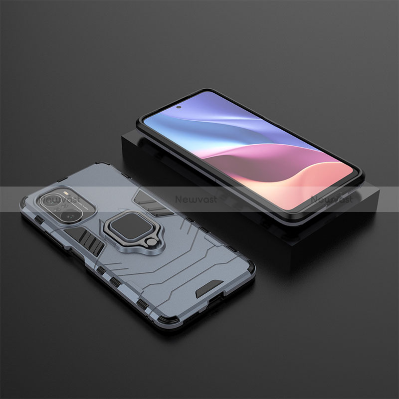 Silicone Matte Finish and Plastic Back Cover Case with Magnetic Finger Ring Stand for Xiaomi Mi 11X Pro 5G Blue