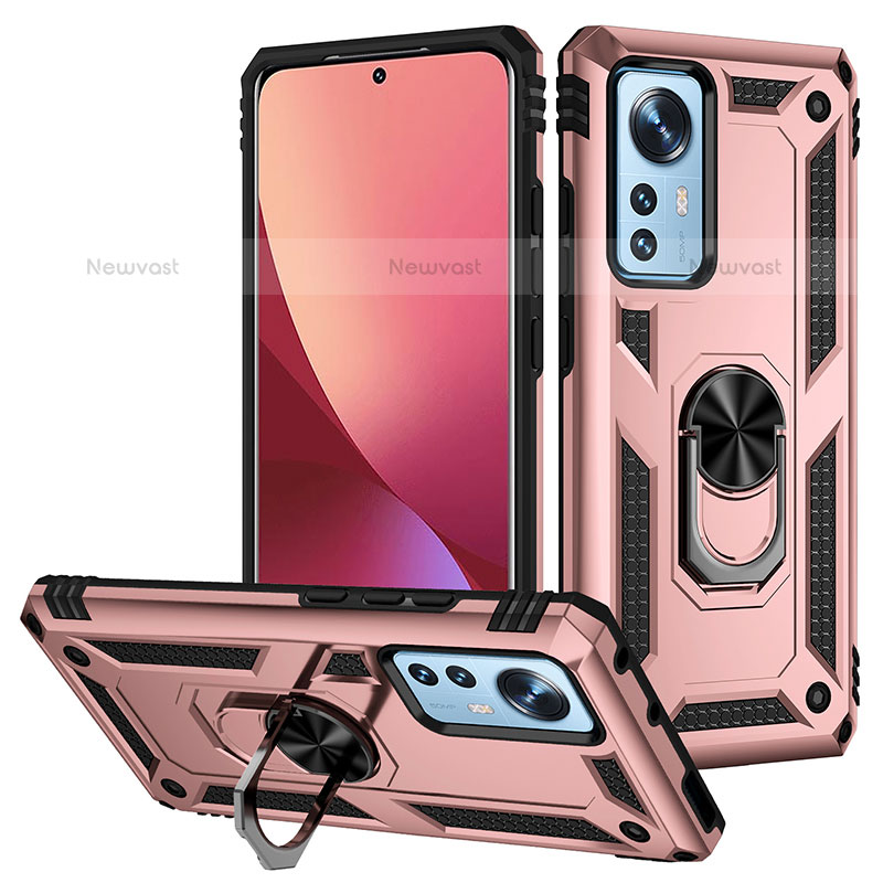 Silicone Matte Finish and Plastic Back Cover Case with Magnetic Finger Ring Stand for Xiaomi Mi 12S Pro 5G Rose Gold