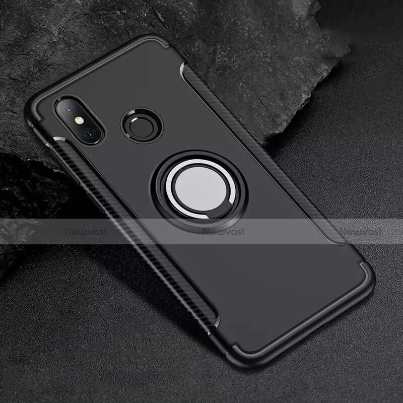 Silicone Matte Finish and Plastic Back Cover Case with Magnetic Finger Ring Stand for Xiaomi Mi 8