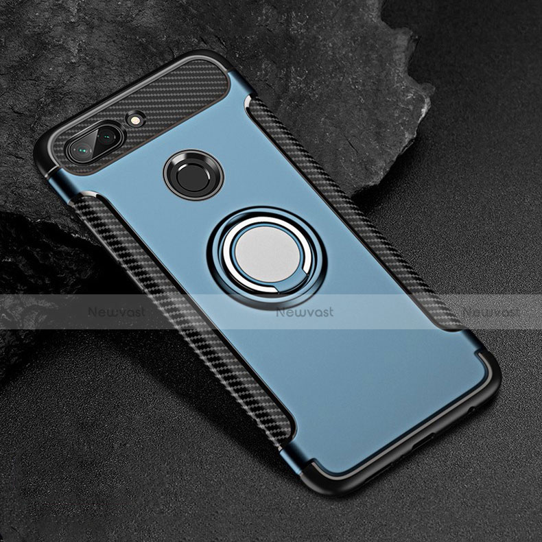 Silicone Matte Finish and Plastic Back Cover Case with Magnetic Finger Ring Stand for Xiaomi Mi 8 Lite Blue
