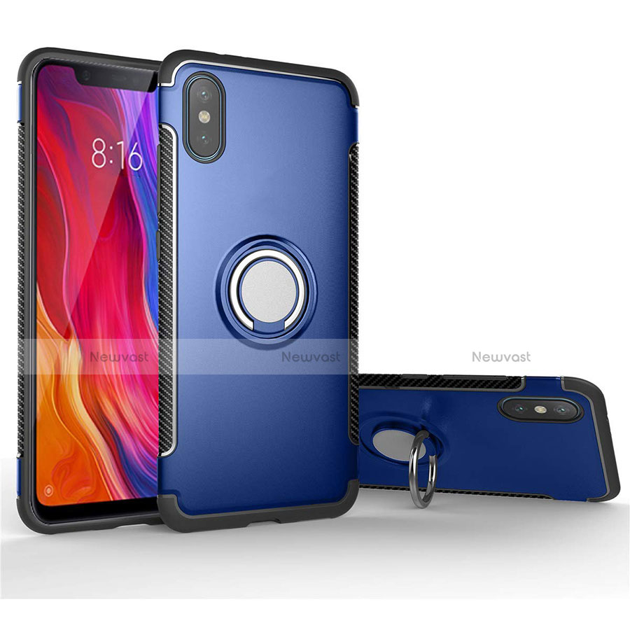 Silicone Matte Finish and Plastic Back Cover Case with Magnetic Finger Ring Stand for Xiaomi Mi 8 Pro Global Version