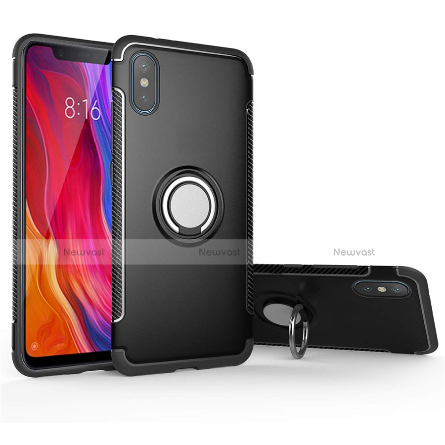 Silicone Matte Finish and Plastic Back Cover Case with Magnetic Finger Ring Stand for Xiaomi Mi 8 Pro Global Version