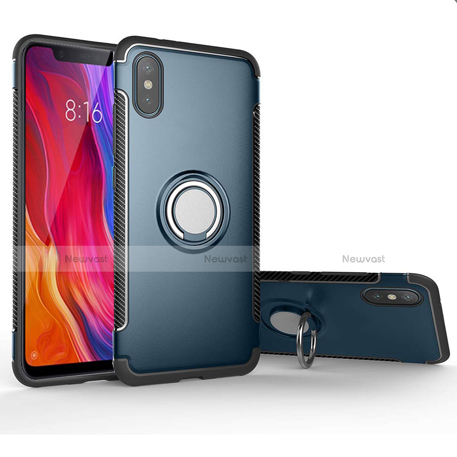 Silicone Matte Finish and Plastic Back Cover Case with Magnetic Finger Ring Stand for Xiaomi Mi 8 Pro Global Version