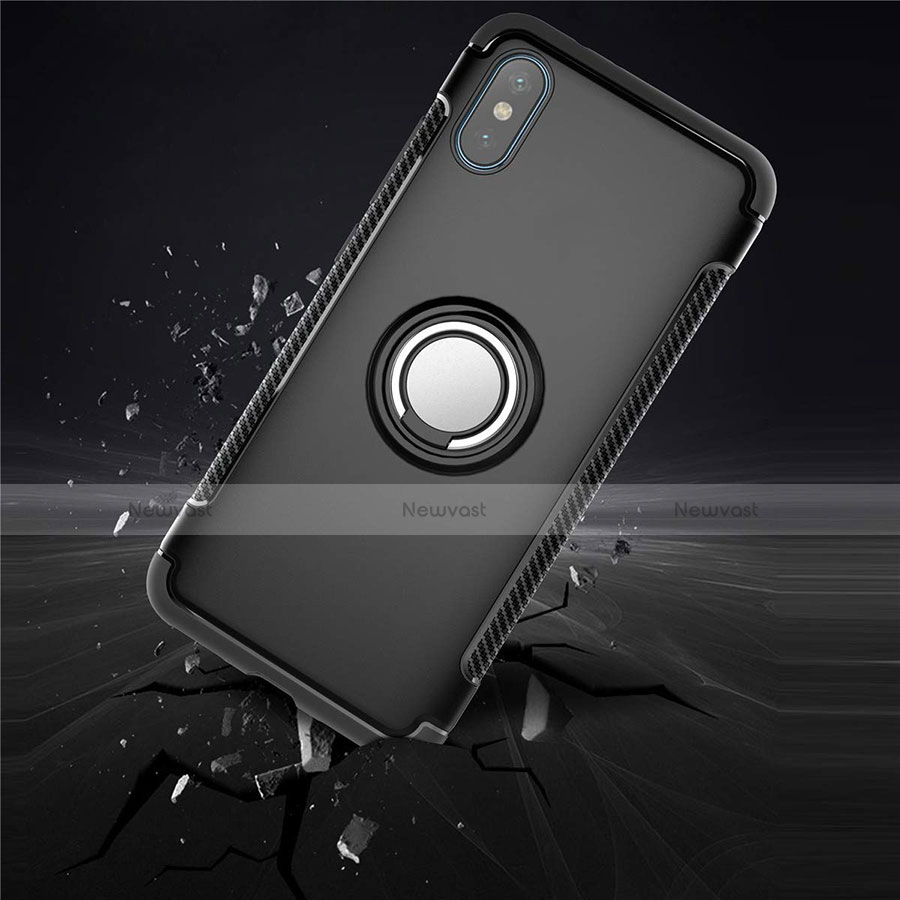 Silicone Matte Finish and Plastic Back Cover Case with Magnetic Finger Ring Stand for Xiaomi Mi 8 Pro Global Version