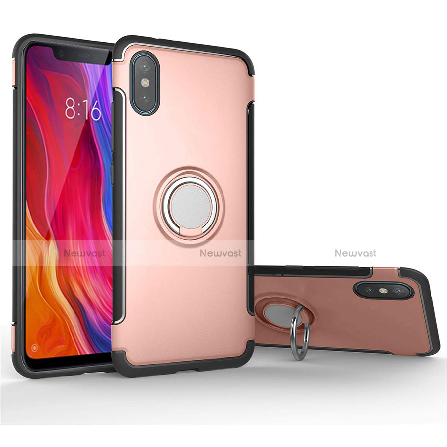 Silicone Matte Finish and Plastic Back Cover Case with Magnetic Finger Ring Stand for Xiaomi Mi 8 Pro Global Version Rose Gold