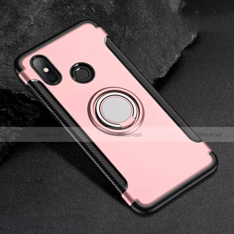 Silicone Matte Finish and Plastic Back Cover Case with Magnetic Finger Ring Stand for Xiaomi Mi 8 Rose Gold
