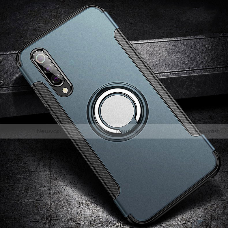 Silicone Matte Finish and Plastic Back Cover Case with Magnetic Finger Ring Stand for Xiaomi Mi 9 Pro 5G Cyan