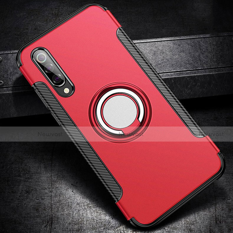 Silicone Matte Finish and Plastic Back Cover Case with Magnetic Finger Ring Stand for Xiaomi Mi 9 Red