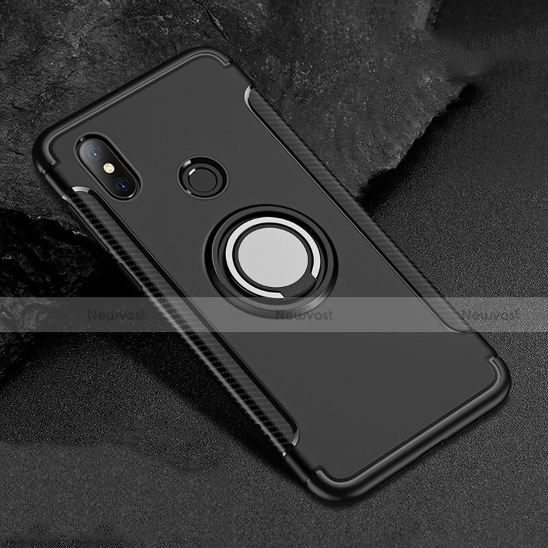 Silicone Matte Finish and Plastic Back Cover Case with Magnetic Finger Ring Stand for Xiaomi Mi A2 Lite