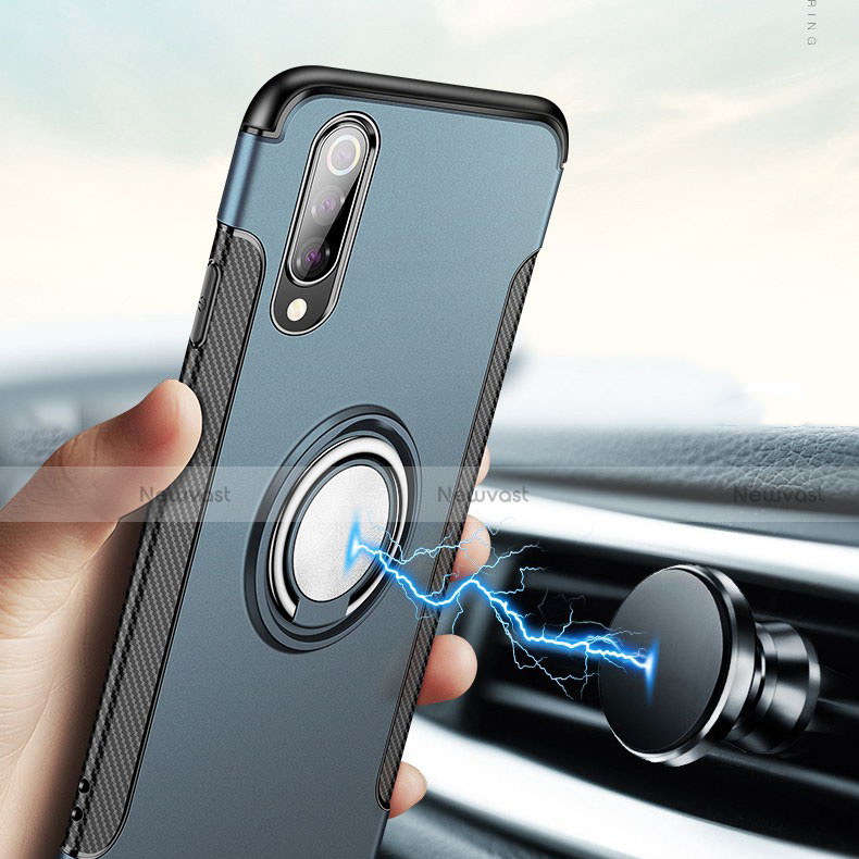 Silicone Matte Finish and Plastic Back Cover Case with Magnetic Finger Ring Stand for Xiaomi Mi A3 Lite