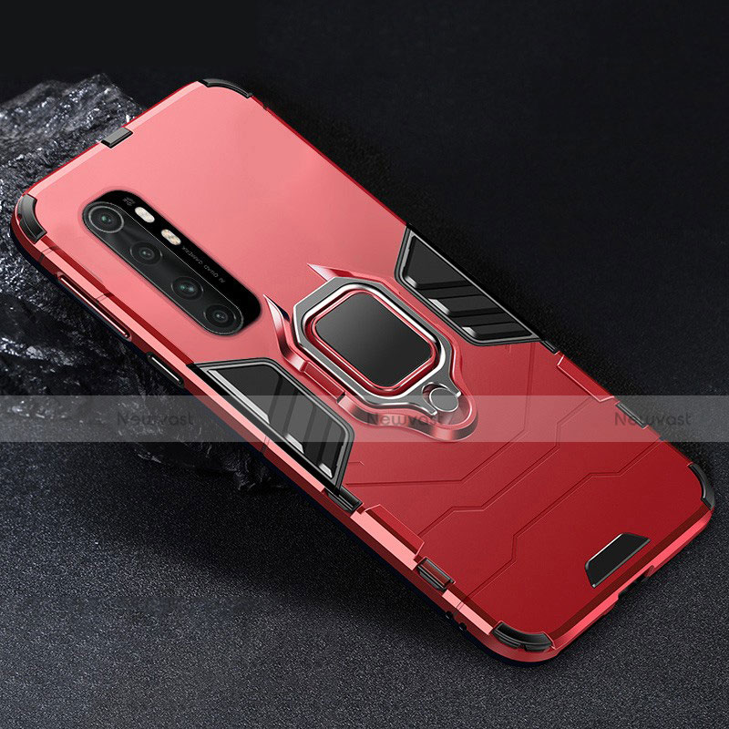 Silicone Matte Finish and Plastic Back Cover Case with Magnetic Finger Ring Stand for Xiaomi Mi Note 10 Lite