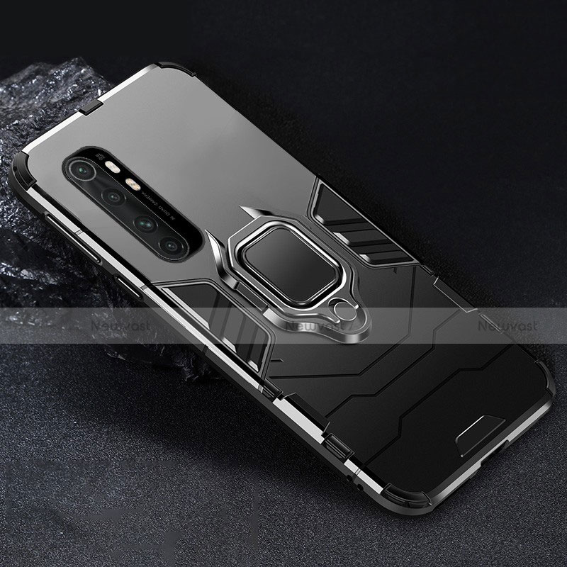 Silicone Matte Finish and Plastic Back Cover Case with Magnetic Finger Ring Stand for Xiaomi Mi Note 10 Lite Black