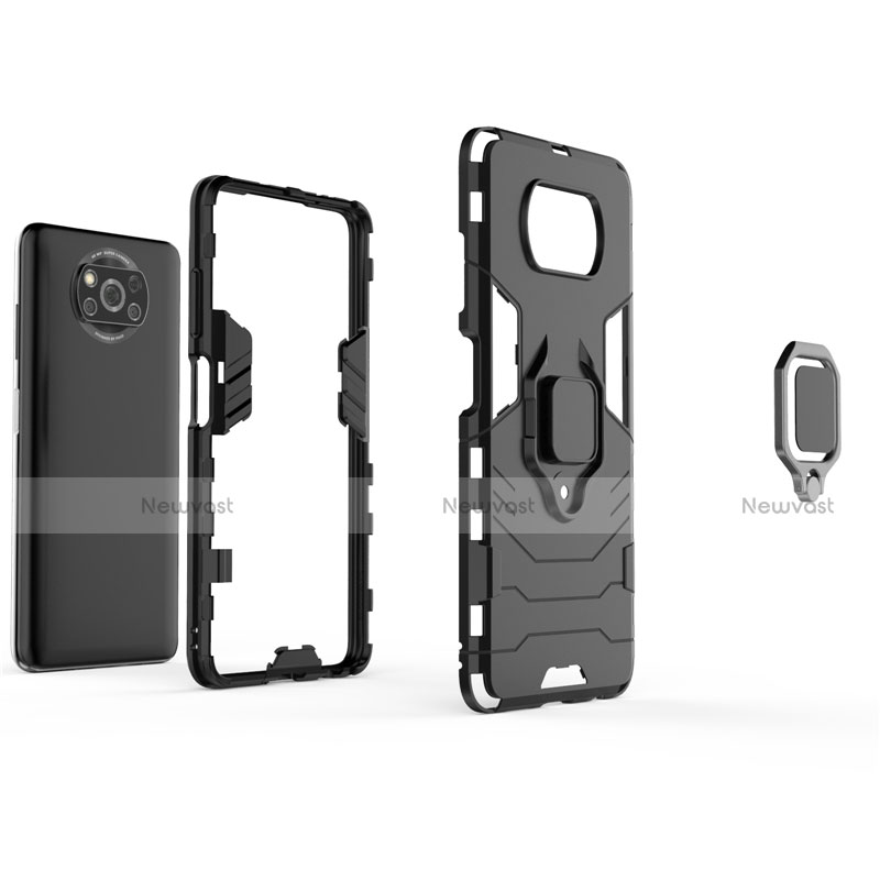 Silicone Matte Finish and Plastic Back Cover Case with Magnetic Finger Ring Stand for Xiaomi Poco X3 NFC