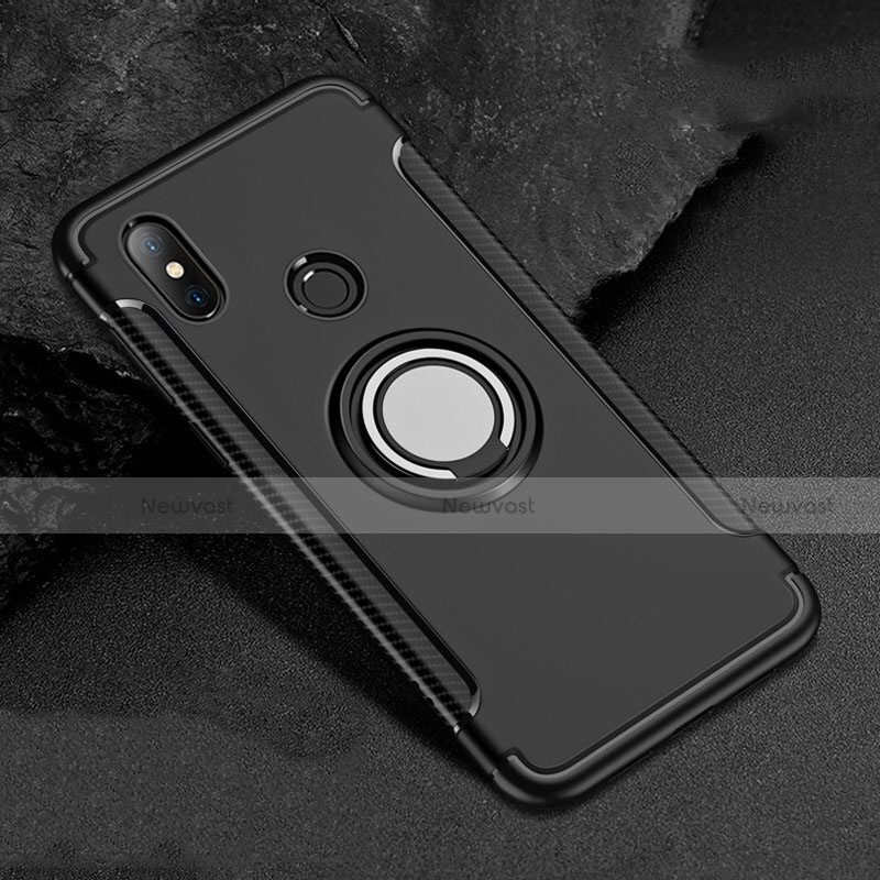 Silicone Matte Finish and Plastic Back Cover Case with Magnetic Finger Ring Stand for Xiaomi Redmi 6 Pro Black