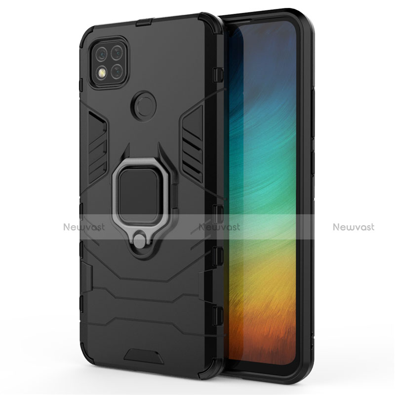 Silicone Matte Finish and Plastic Back Cover Case with Magnetic Finger Ring Stand for Xiaomi Redmi 9 India Black
