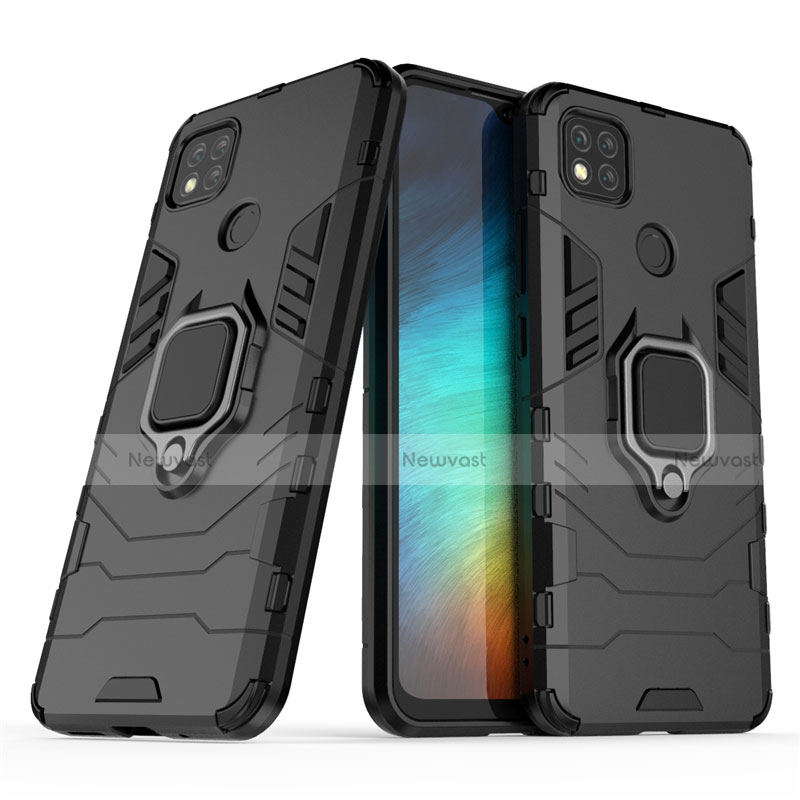 Silicone Matte Finish and Plastic Back Cover Case with Magnetic Finger Ring Stand for Xiaomi Redmi 9C