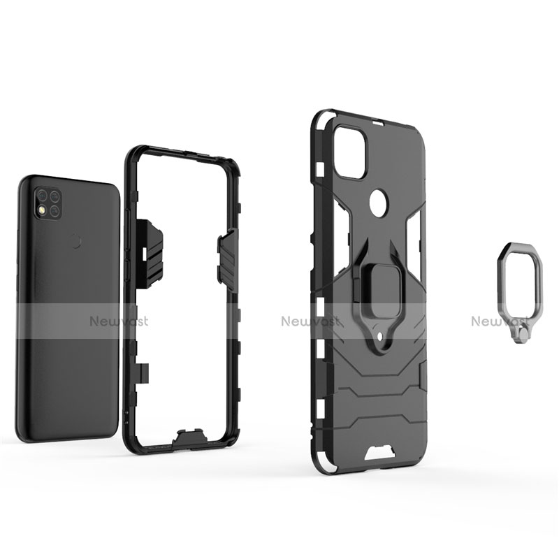 Silicone Matte Finish and Plastic Back Cover Case with Magnetic Finger Ring Stand for Xiaomi Redmi 9C