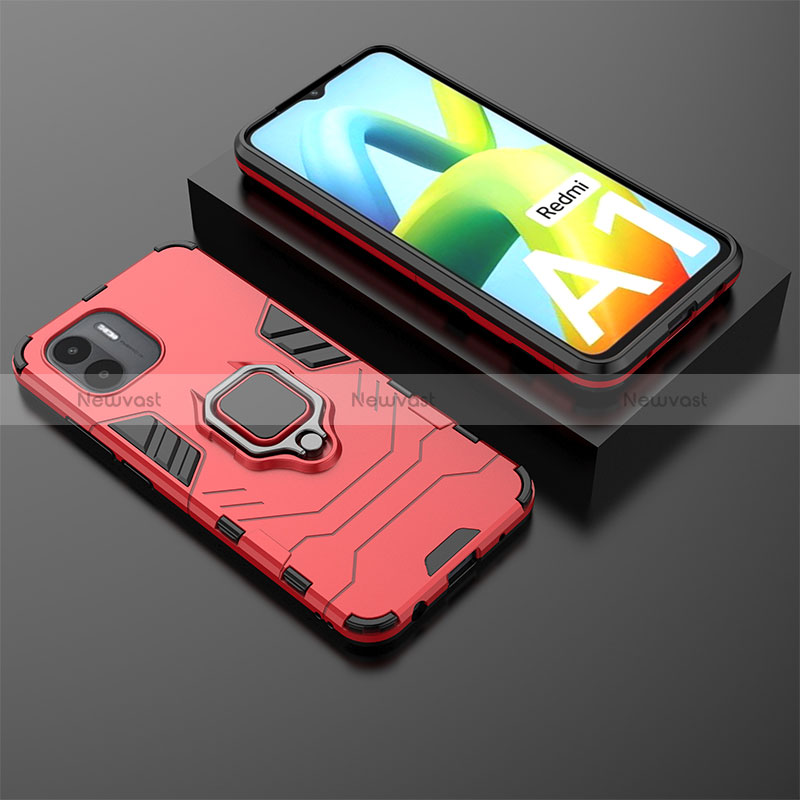 Silicone Matte Finish and Plastic Back Cover Case with Magnetic Finger Ring Stand for Xiaomi Redmi A1 Red