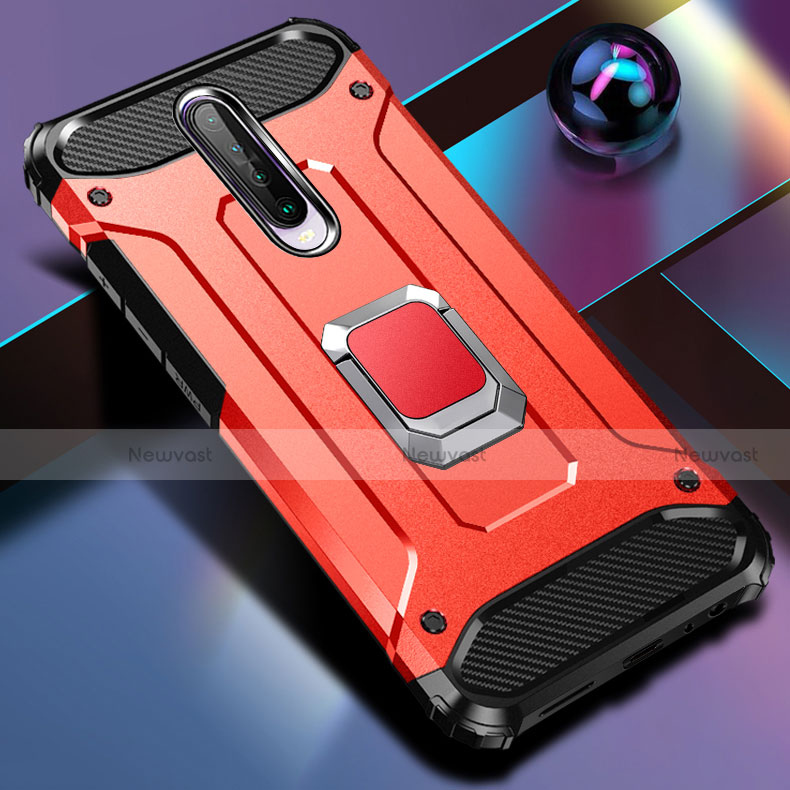Silicone Matte Finish and Plastic Back Cover Case with Magnetic Finger Ring Stand for Xiaomi Redmi K30 4G Red