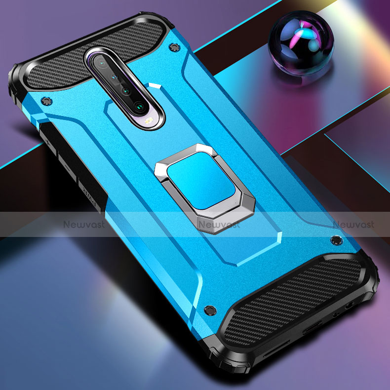 Silicone Matte Finish and Plastic Back Cover Case with Magnetic Finger Ring Stand for Xiaomi Redmi K30 5G Sky Blue