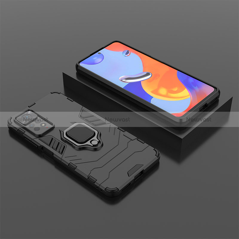 Silicone Matte Finish and Plastic Back Cover Case with Magnetic Finger Ring Stand for Xiaomi Redmi Note 11 Pro 4G