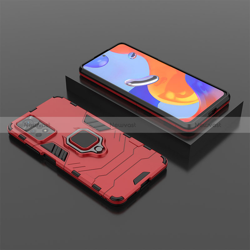 Silicone Matte Finish and Plastic Back Cover Case with Magnetic Finger Ring Stand for Xiaomi Redmi Note 11 Pro 4G