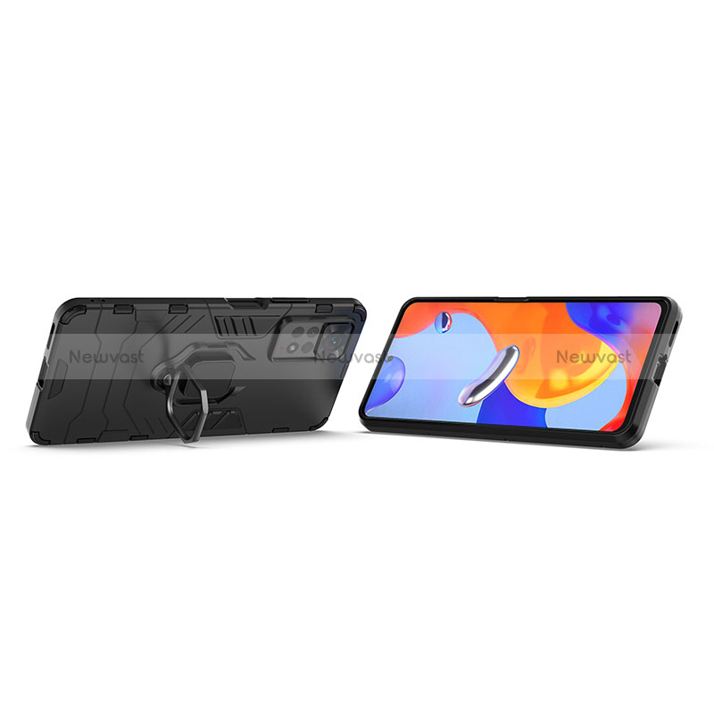 Silicone Matte Finish and Plastic Back Cover Case with Magnetic Finger Ring Stand for Xiaomi Redmi Note 11 Pro 4G
