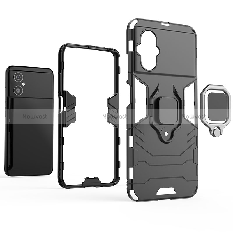 Silicone Matte Finish and Plastic Back Cover Case with Magnetic Finger Ring Stand for Xiaomi Redmi Note 11R 5G