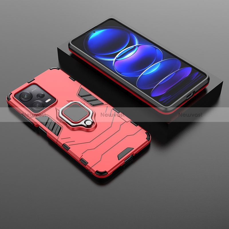 Silicone Matte Finish and Plastic Back Cover Case with Magnetic Finger Ring Stand for Xiaomi Redmi Note 12 Pro 5G