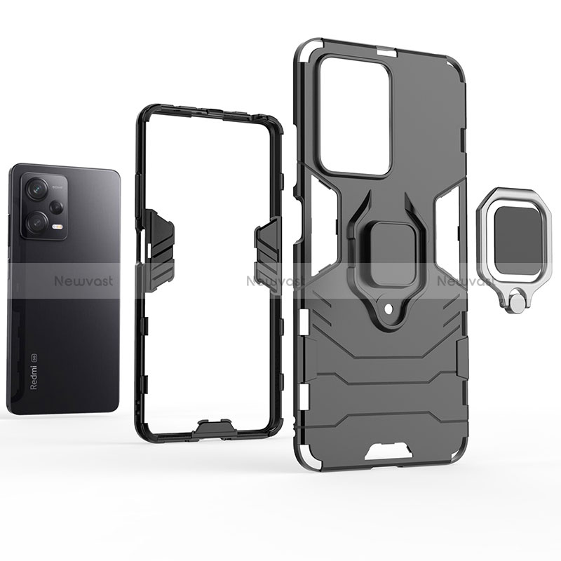 Silicone Matte Finish and Plastic Back Cover Case with Magnetic Finger Ring Stand for Xiaomi Redmi Note 12 Pro 5G