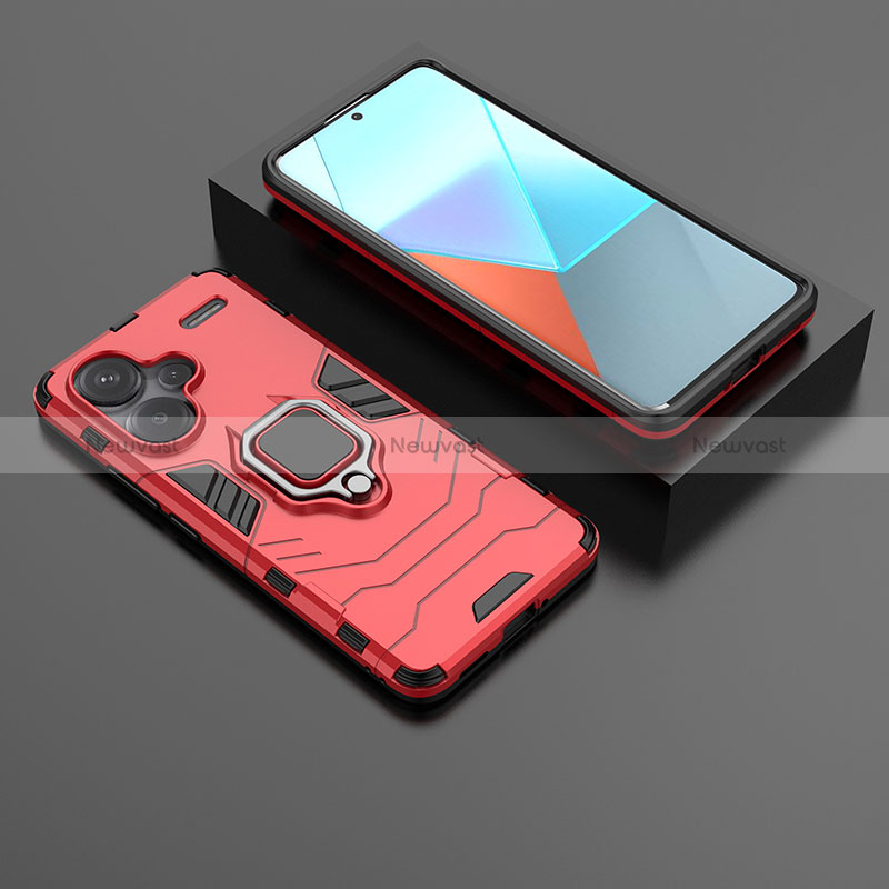 Silicone Matte Finish and Plastic Back Cover Case with Magnetic Finger Ring Stand for Xiaomi Redmi Note 13 Pro+ Plus 5G