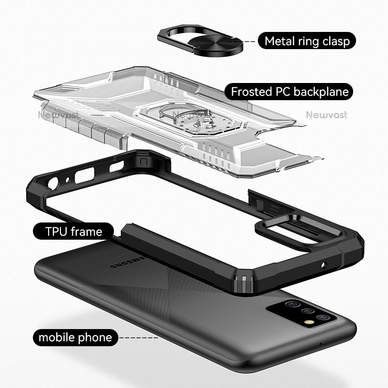 Silicone Matte Finish and Plastic Back Cover Case with Magnetic Finger Ring Stand J01S for Samsung Galaxy A02s
