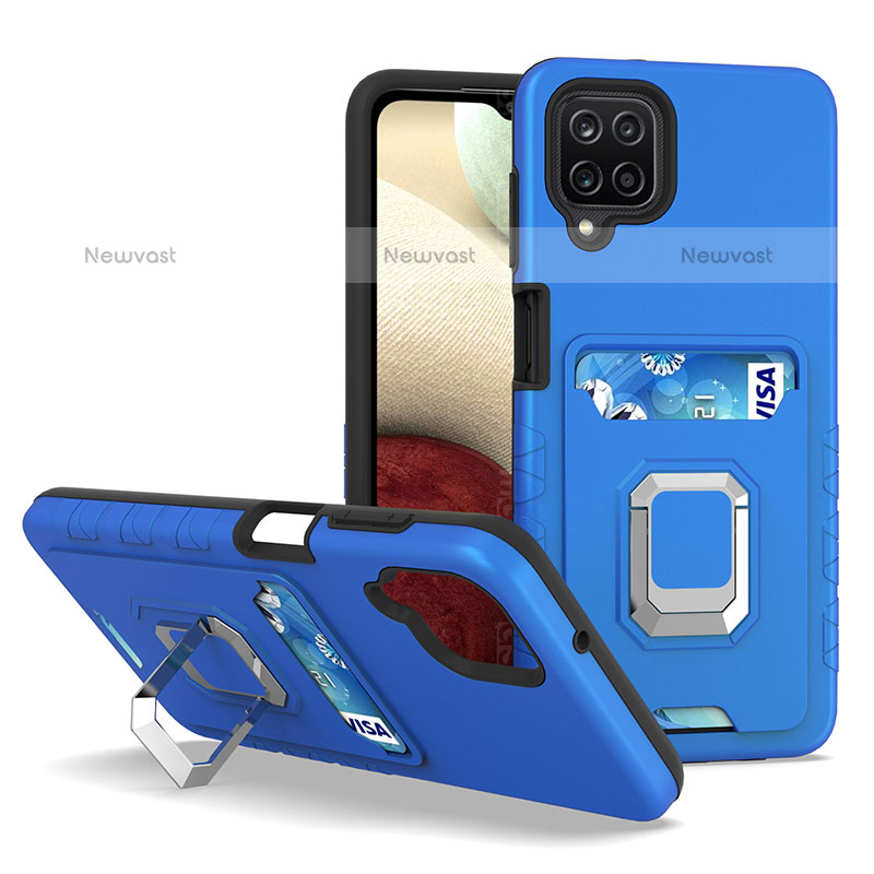 Silicone Matte Finish and Plastic Back Cover Case with Magnetic Finger Ring Stand J01S for Samsung Galaxy A12 Blue