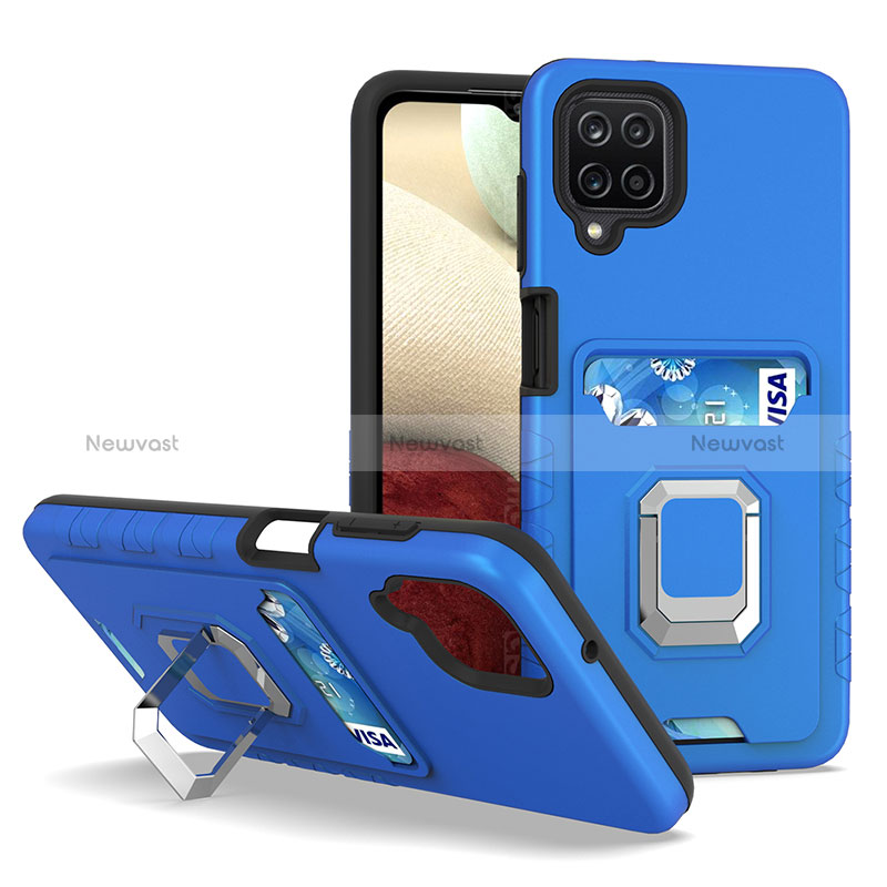 Silicone Matte Finish and Plastic Back Cover Case with Magnetic Finger Ring Stand J01S for Samsung Galaxy A12 Nacho Blue