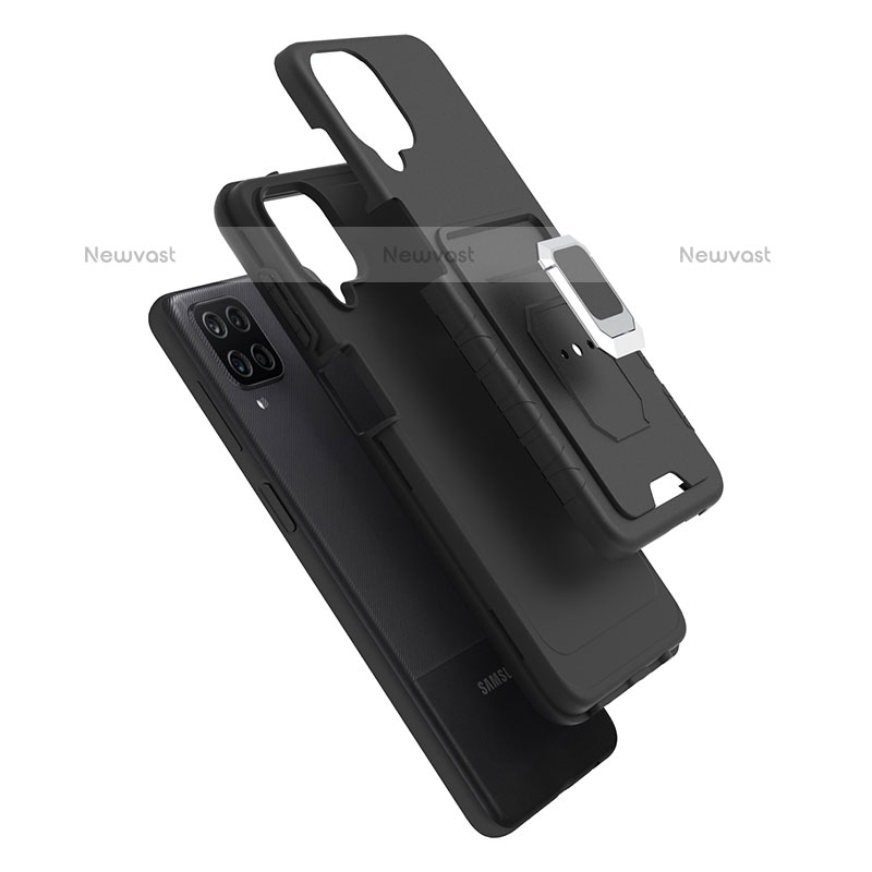 Silicone Matte Finish and Plastic Back Cover Case with Magnetic Finger Ring Stand J01S for Samsung Galaxy F12