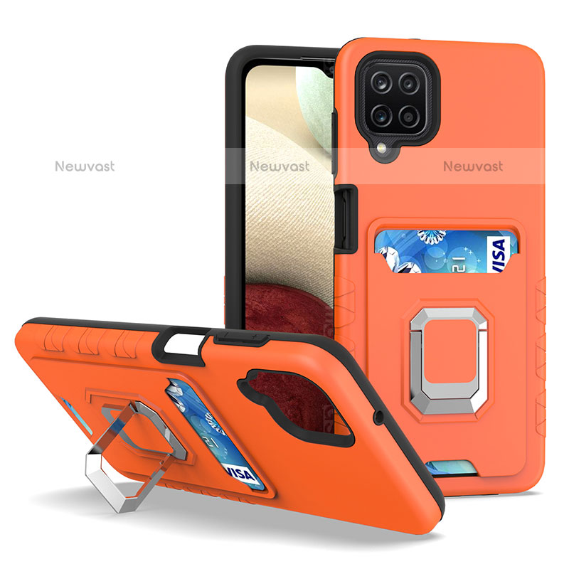 Silicone Matte Finish and Plastic Back Cover Case with Magnetic Finger Ring Stand J01S for Samsung Galaxy F12 Orange