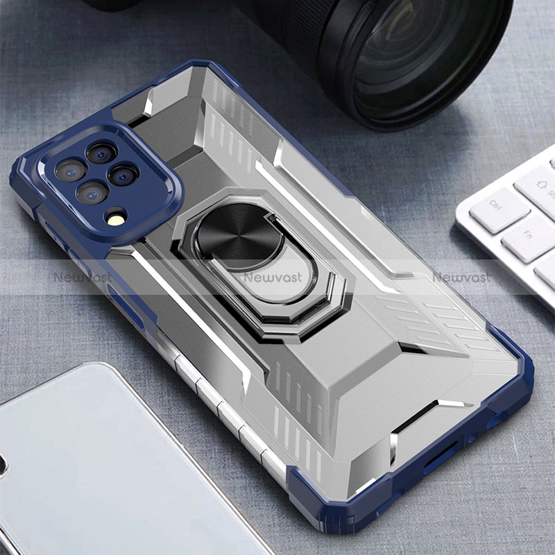 Silicone Matte Finish and Plastic Back Cover Case with Magnetic Finger Ring Stand J01S for Samsung Galaxy M22 4G Blue