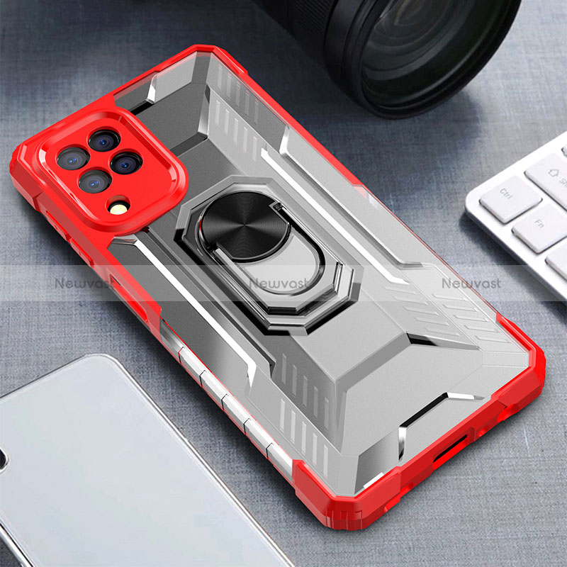 Silicone Matte Finish and Plastic Back Cover Case with Magnetic Finger Ring Stand J01S for Samsung Galaxy M22 4G Red