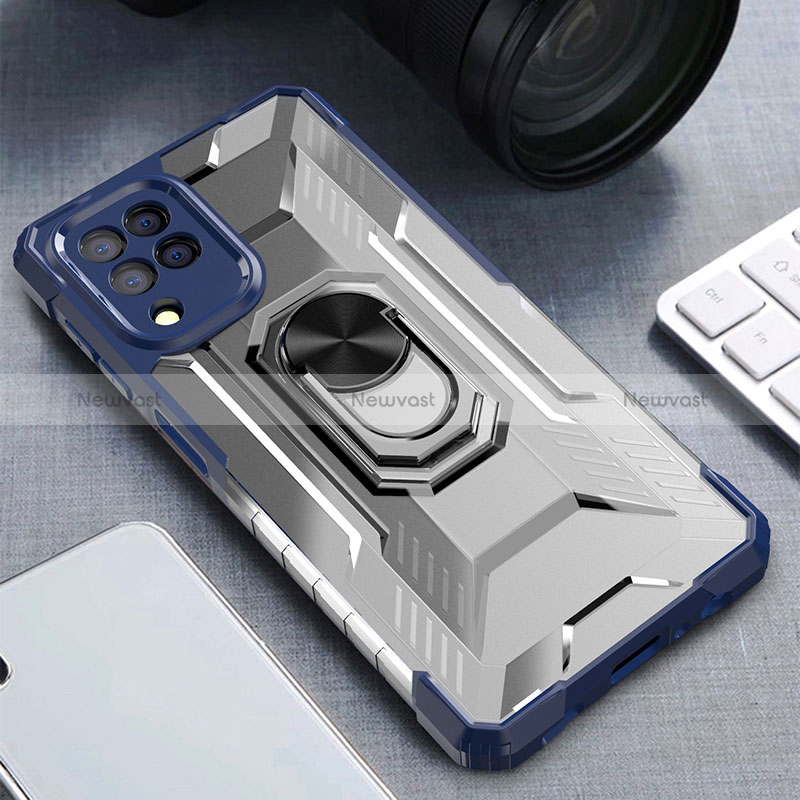 Silicone Matte Finish and Plastic Back Cover Case with Magnetic Finger Ring Stand J01S for Samsung Galaxy M32 4G