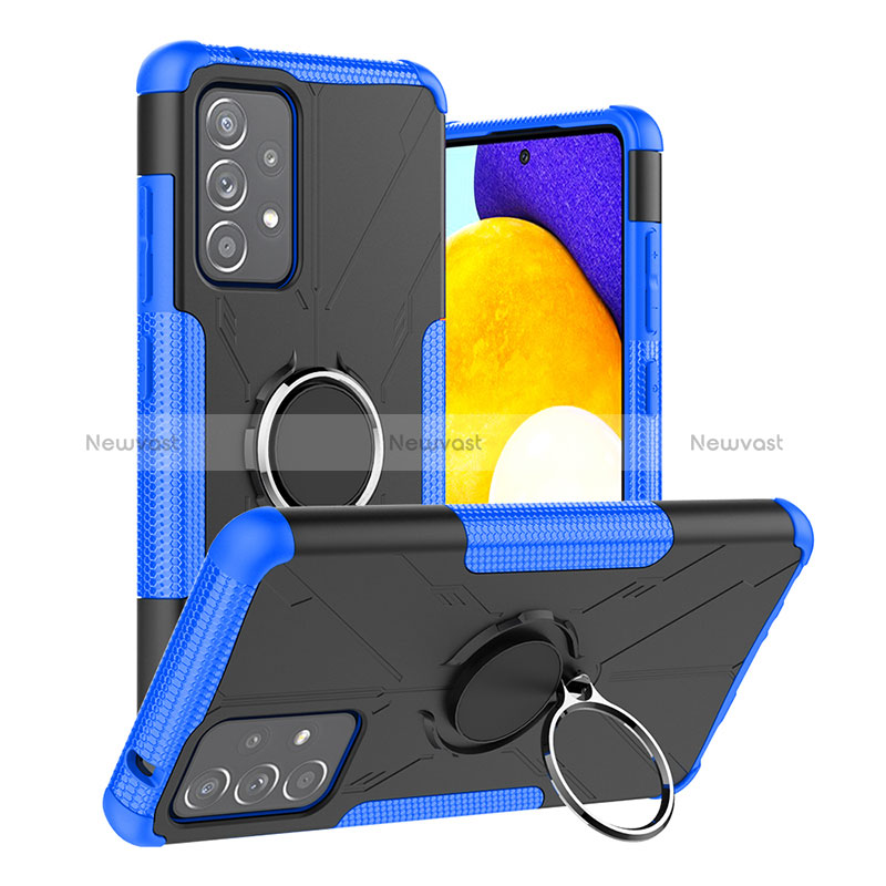 Silicone Matte Finish and Plastic Back Cover Case with Magnetic Finger Ring Stand J01X for Samsung Galaxy A52 4G Blue