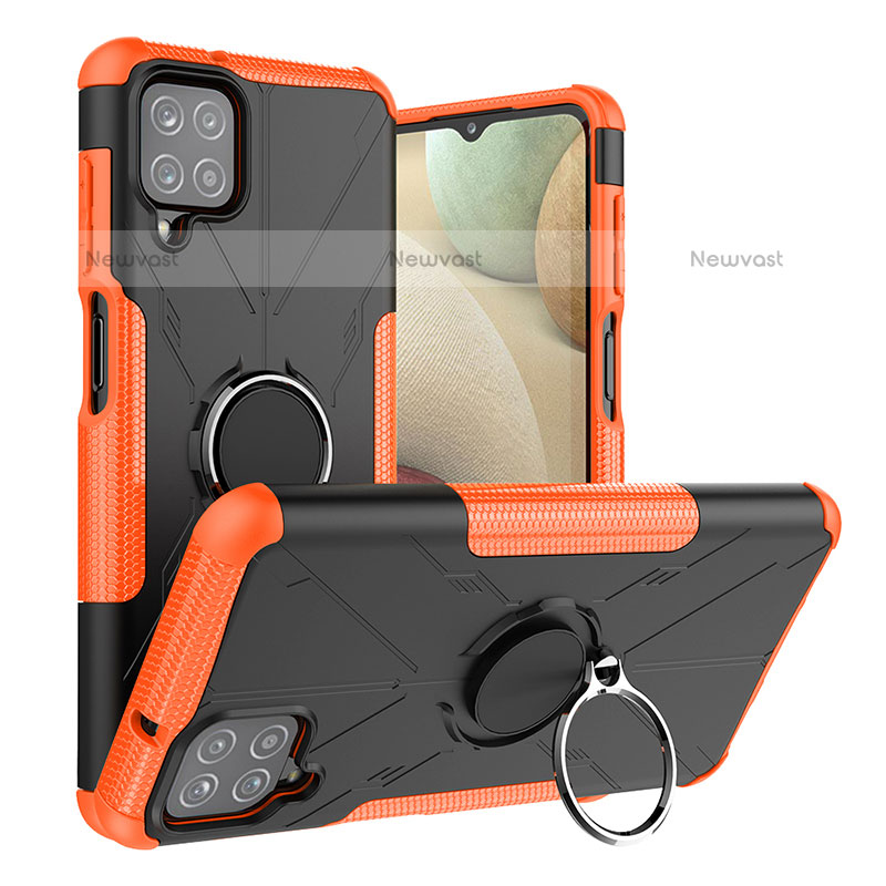 Silicone Matte Finish and Plastic Back Cover Case with Magnetic Finger Ring Stand J01X for Samsung Galaxy F12 Orange
