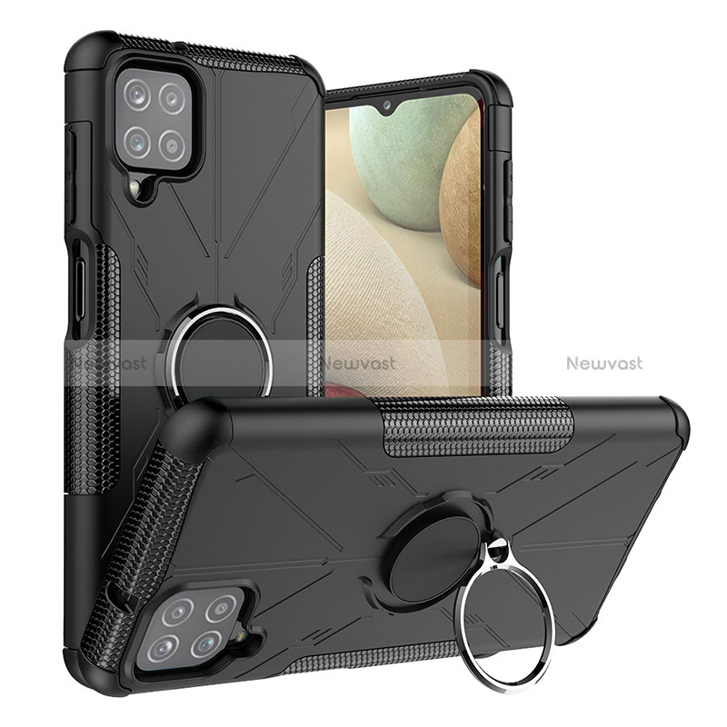 Silicone Matte Finish and Plastic Back Cover Case with Magnetic Finger Ring Stand J01X for Samsung Galaxy M12 Black