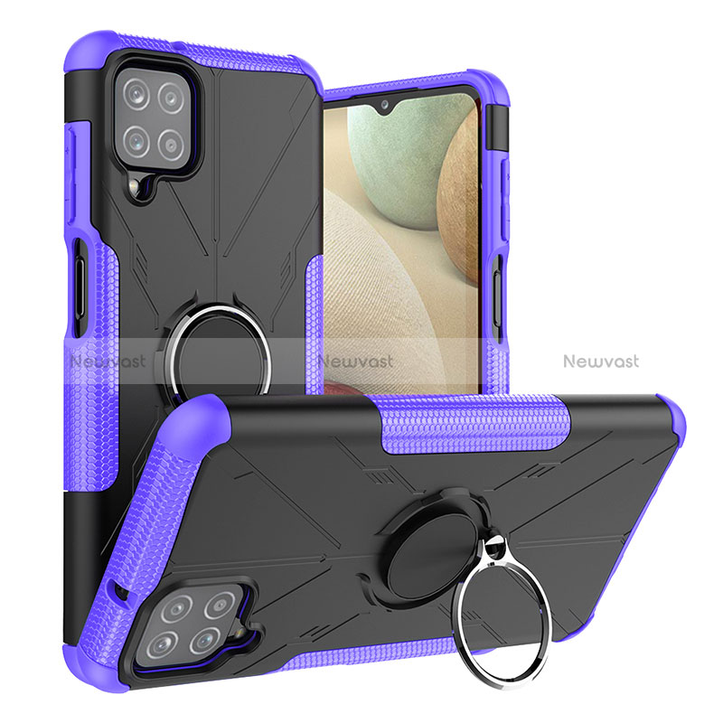 Silicone Matte Finish and Plastic Back Cover Case with Magnetic Finger Ring Stand J01X for Samsung Galaxy M12 Purple