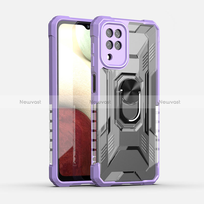 Silicone Matte Finish and Plastic Back Cover Case with Magnetic Finger Ring Stand J02S for Samsung Galaxy A12 Nacho Purple
