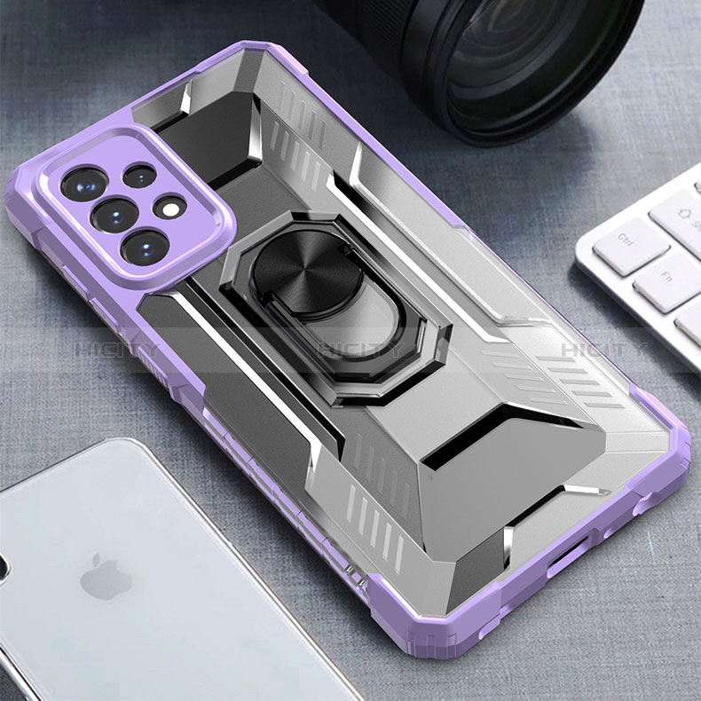 Silicone Matte Finish and Plastic Back Cover Case with Magnetic Finger Ring Stand J02S for Samsung Galaxy A72 5G Purple