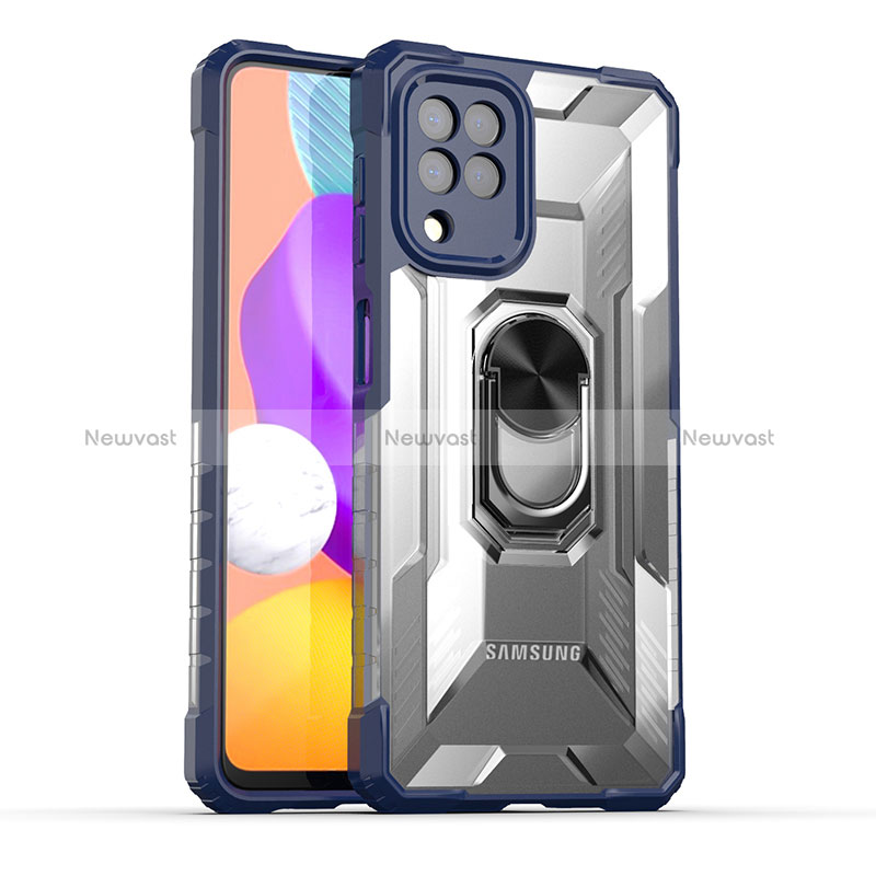 Silicone Matte Finish and Plastic Back Cover Case with Magnetic Finger Ring Stand J02S for Samsung Galaxy M22 4G