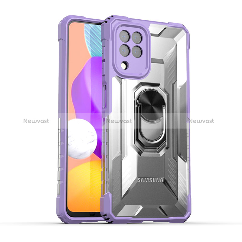 Silicone Matte Finish and Plastic Back Cover Case with Magnetic Finger Ring Stand J02S for Samsung Galaxy M22 4G