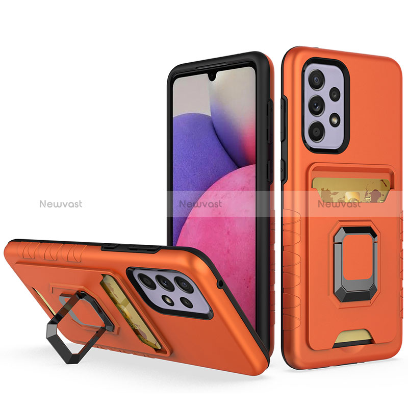 Silicone Matte Finish and Plastic Back Cover Case with Magnetic Finger Ring Stand J03S for Samsung Galaxy A33 5G Orange